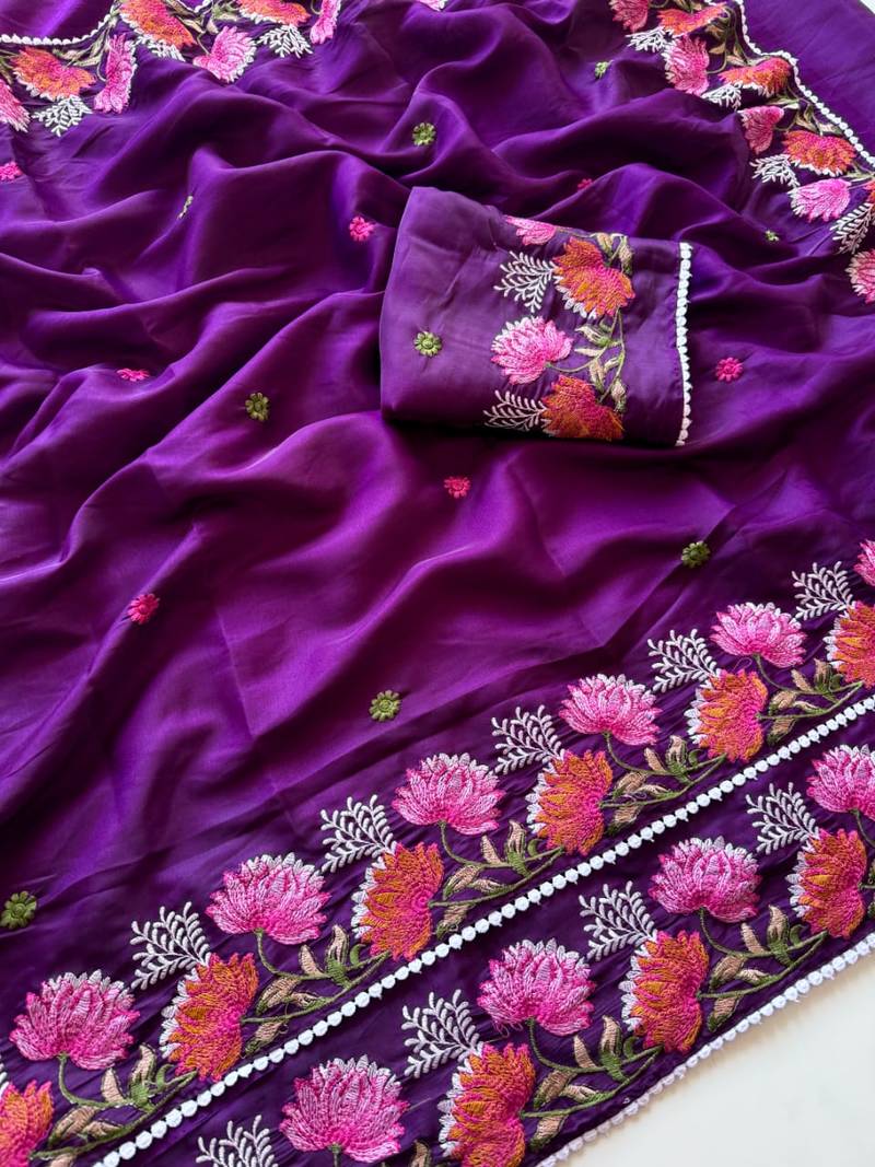 Purple Color Embroidered Tussar Silk Saree