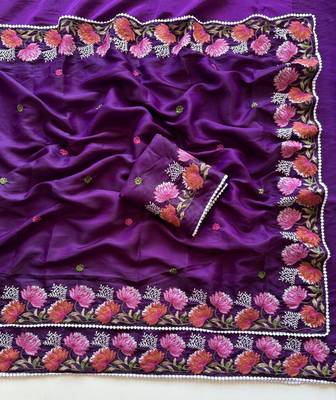 Purple Color Embroidered Tussar Silk Saree 2