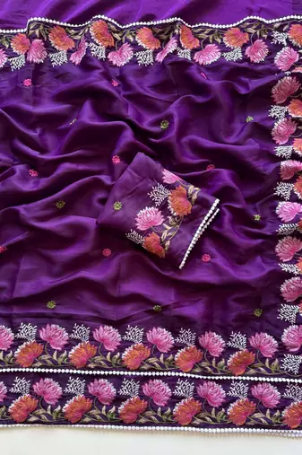Purple Color Embroidered Tussar Silk Saree