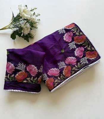 Purple Color Embroidered Tussar Silk Saree 3