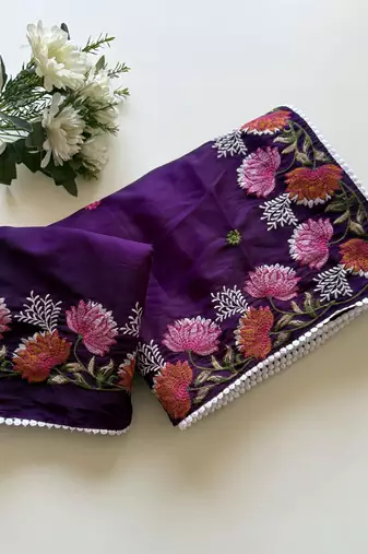 Purple Color Embroidered Tussar Silk Saree