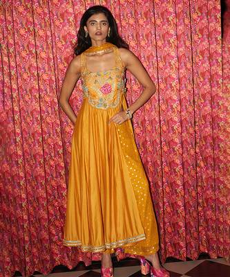 Yellow embroidered crepe anarkali set 1