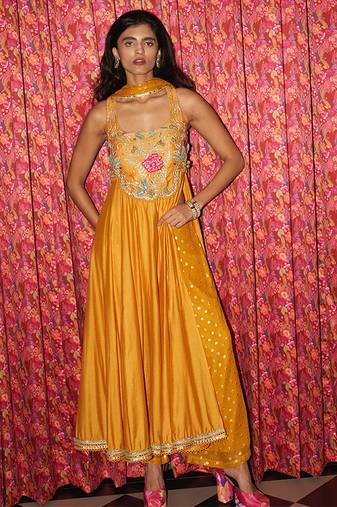 Yellow embroidered crepe anarkali set