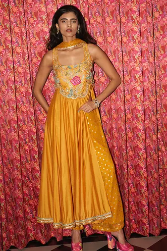 Yellow embroidered crepe anarkali set
