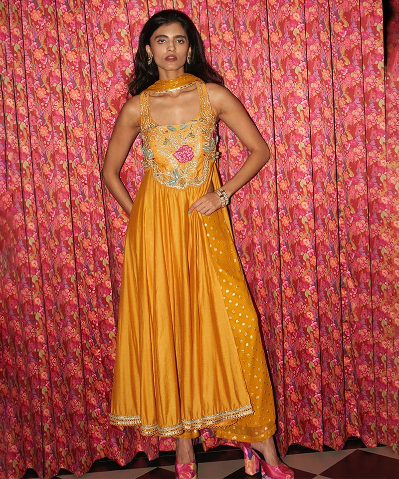 Yellow embroidered crepe anarkali set
