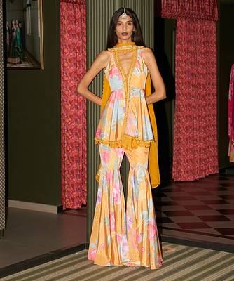 Yellow embroidered crepe gharara set 1