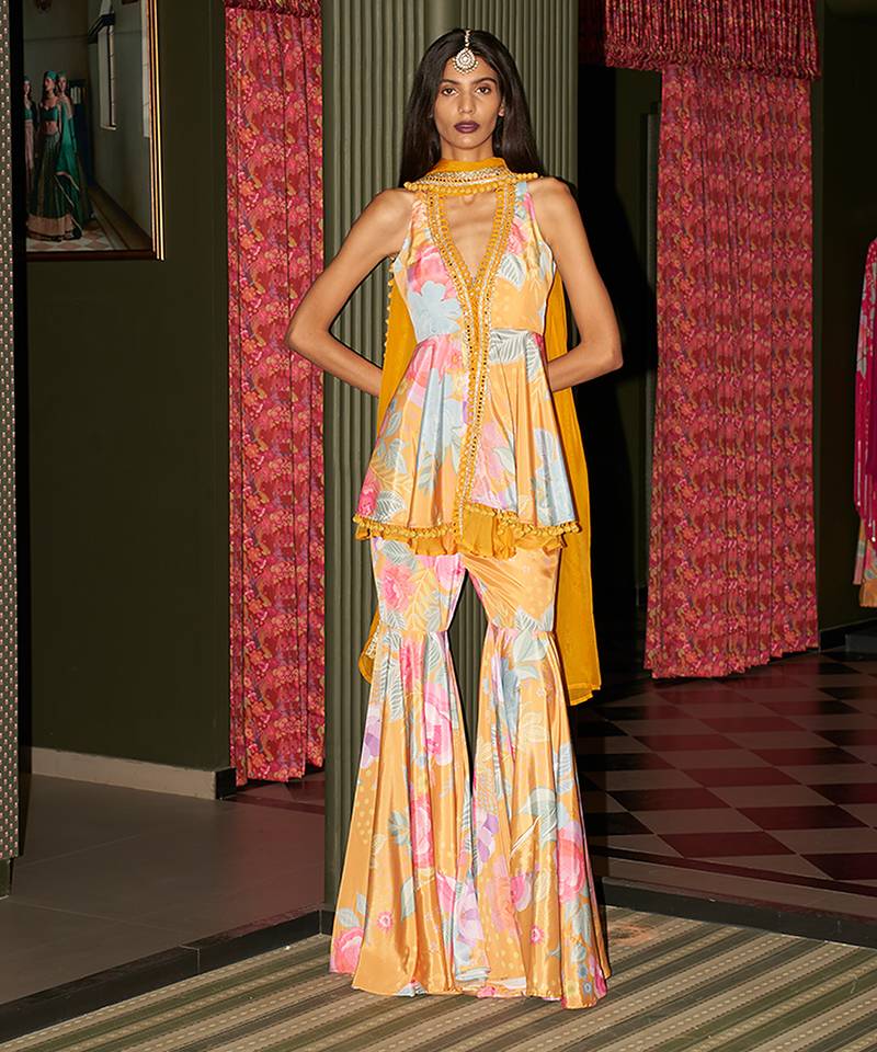 Yellow embroidered crepe gharara set