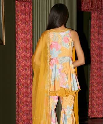 Yellow embroidered crepe gharara set 2