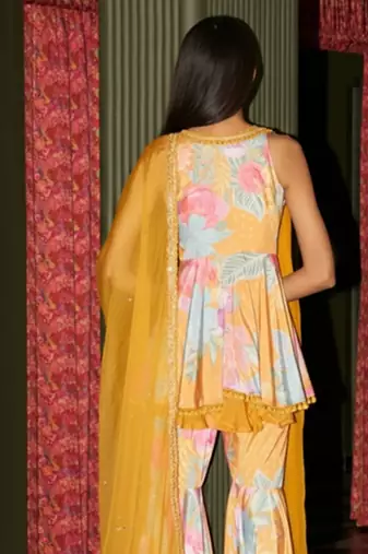 Yellow embroidered crepe gharara set