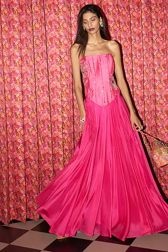 Pink embroidered crepe co ord set