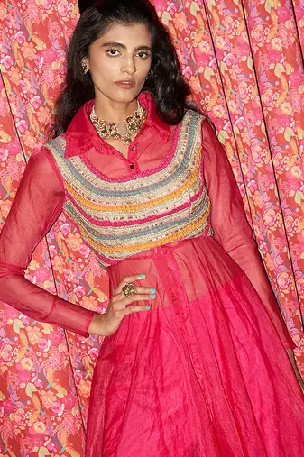 Pink embroidered crepe co ord set