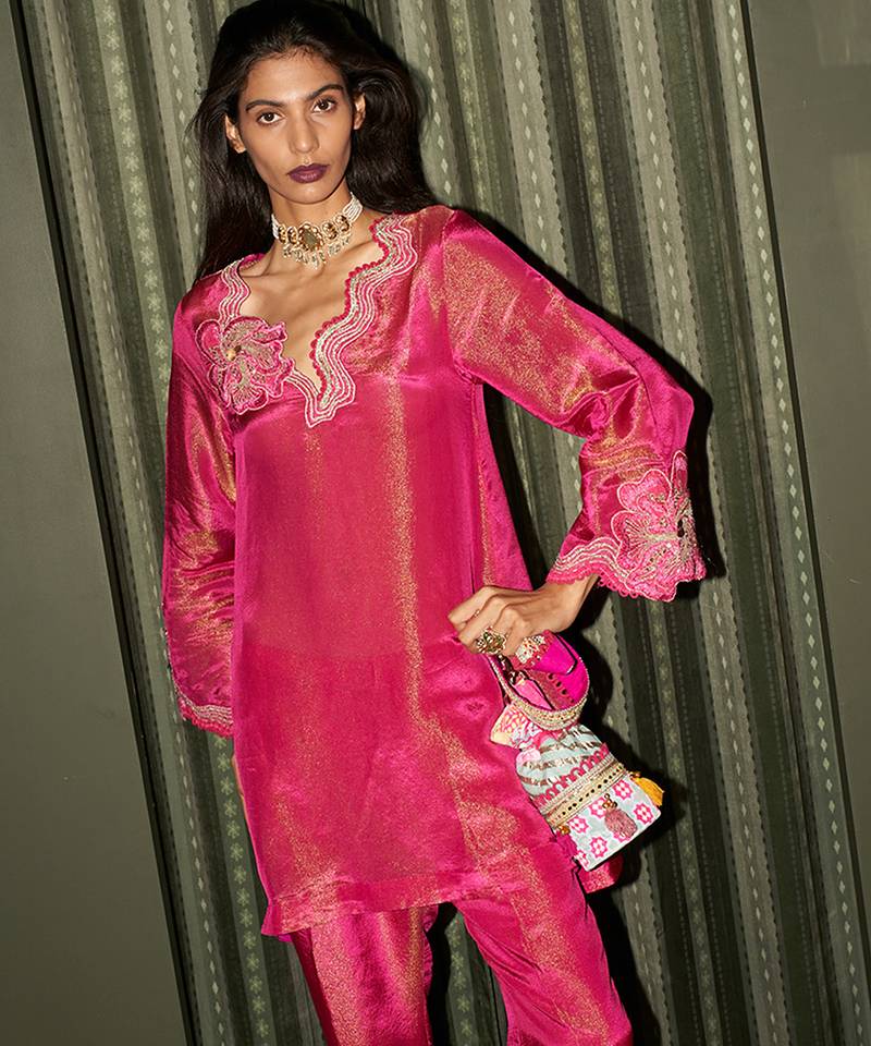 Pink embroidered chanderi kurta set