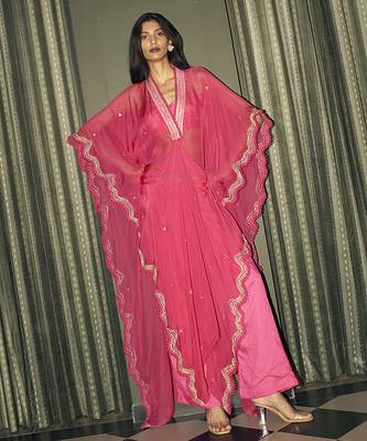 Pink embroidered crepe kaftan set 1