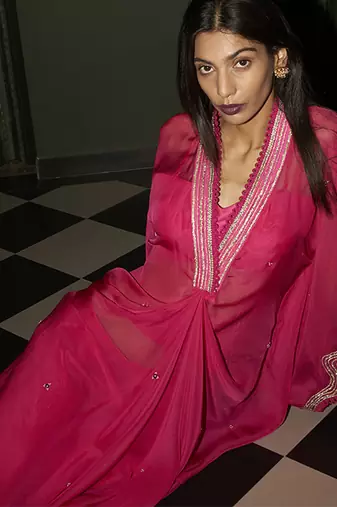 Pink embroidered crepe kaftan set