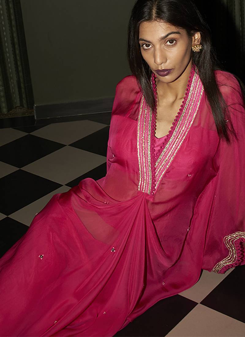 Pink embroidered crepe kaftan set