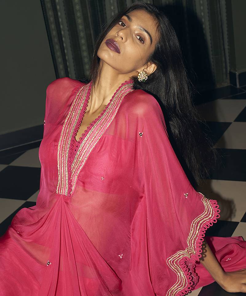 Pink embroidered crepe kaftan set