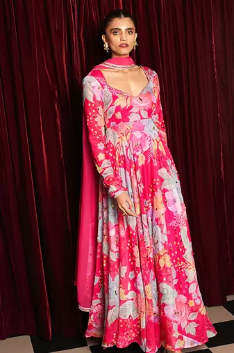 Pink embroidered organza anarkali