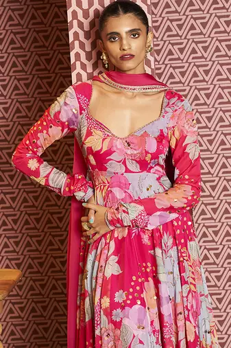 Pink embroidered organza anarkali