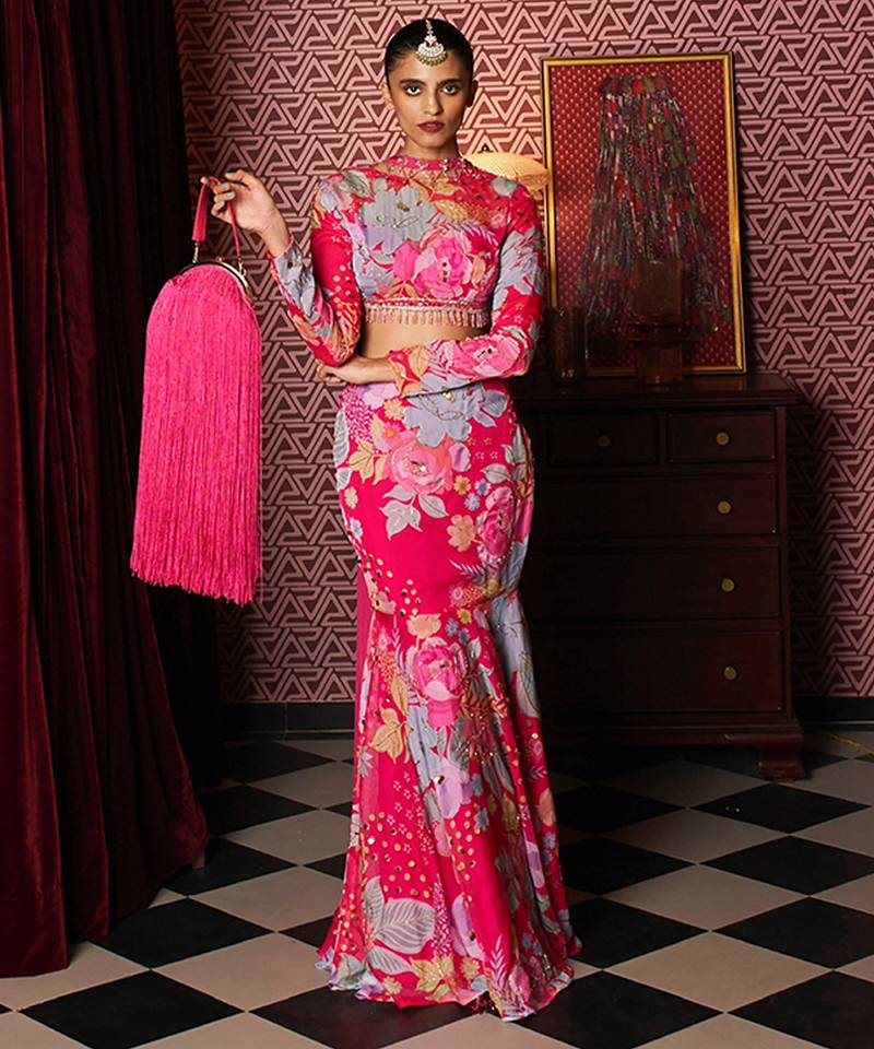 Pink embroidered organza co ord set