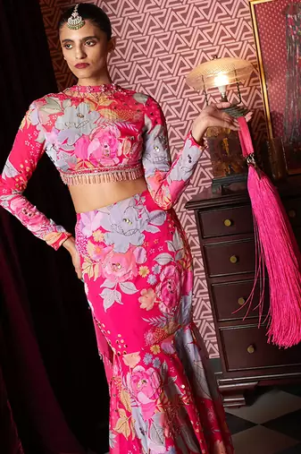 Pink embroidered organza co ord set