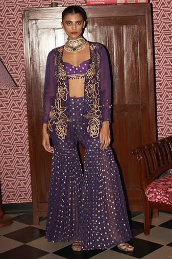 Purple embroidered organza gharara set