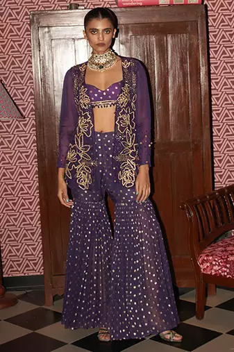 Purple embroidered organza gharara set