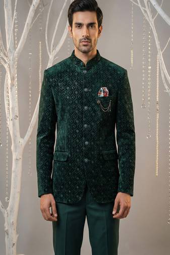 B.green thread and sequins embroidered bandhgala on velvet