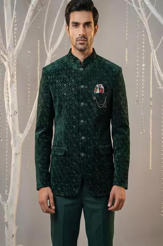 B.green thread and sequins embroidered bandhgala on velvet