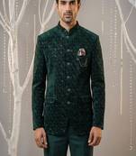 B.green thread and sequins embroidered bandhgala on velvet