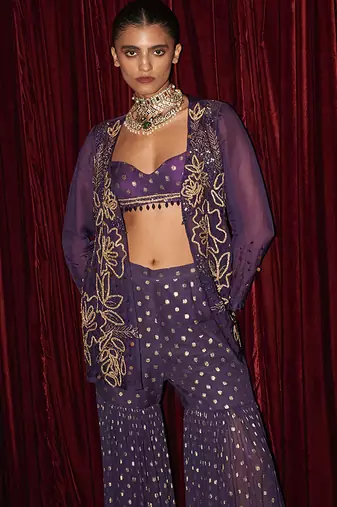 Purple embroidered organza gharara set