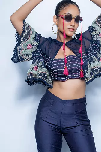 Blue embroidered chanderi co ord set