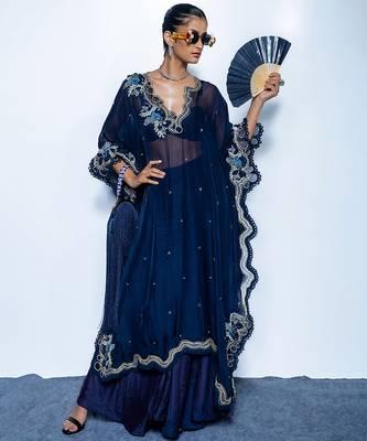 Blue embroidered chanderi kaftan set 1