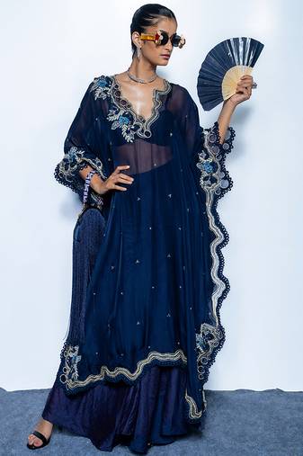 Blue embroidered chanderi kaftan set