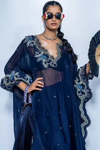 Blue embroidered chanderi kaftan set