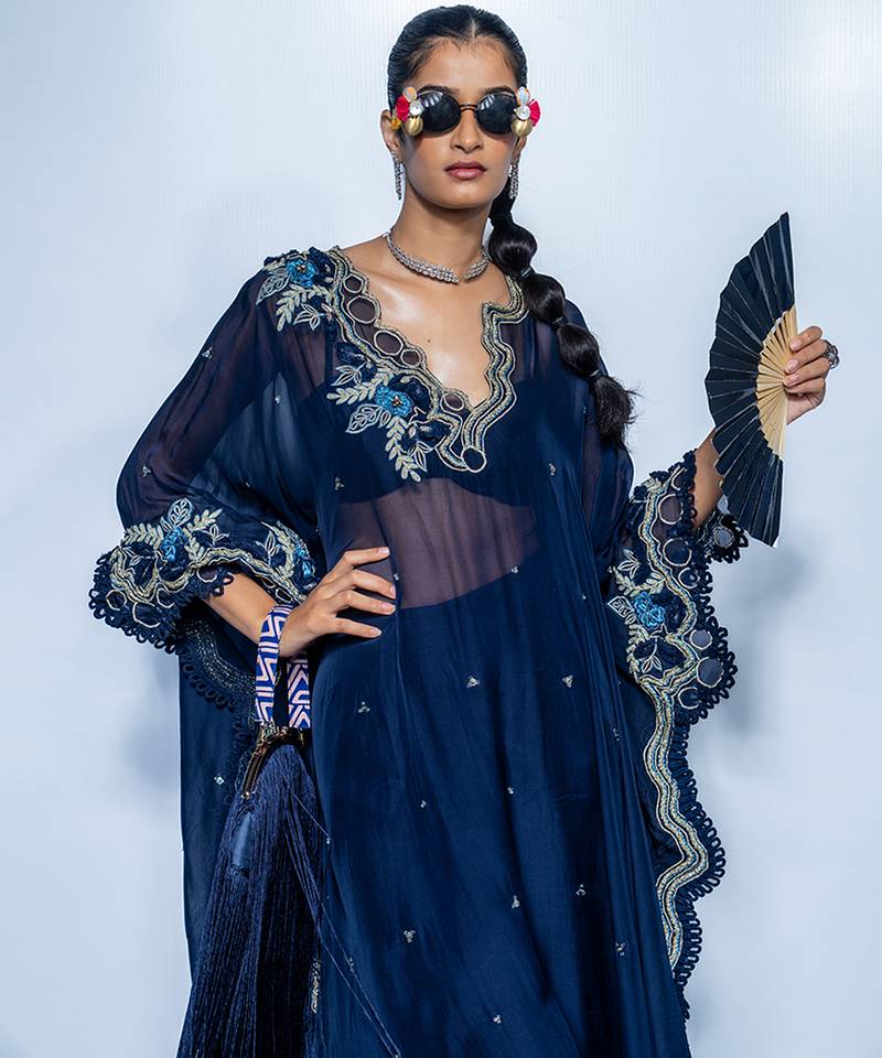 Blue embroidered chanderi kaftan set