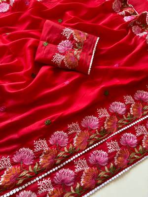 Red Color Embroidered Tussar Silk Saree 1