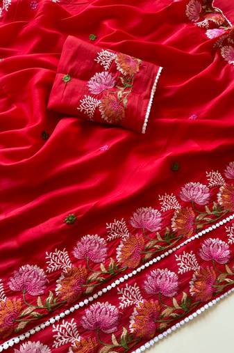 Red Color Embroidered Tussar Silk Saree