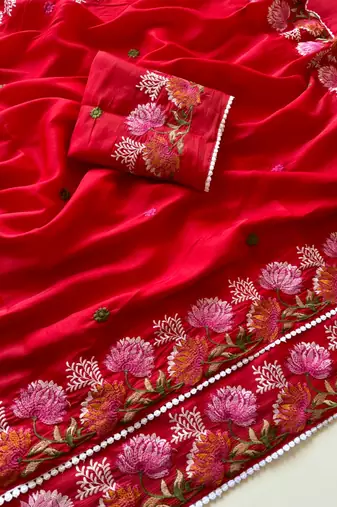 Red Color Embroidered Tussar Silk Saree