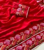 Red Color Embroidered Tussar Silk Saree