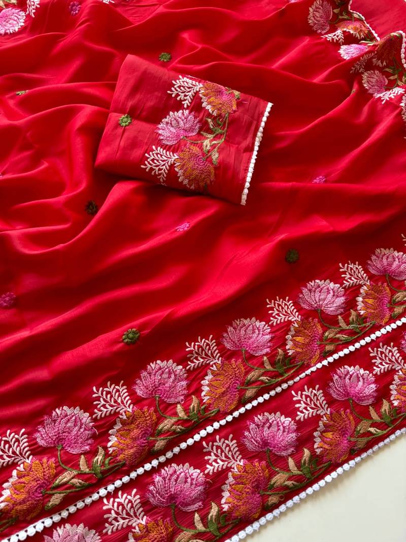 Red Color Embroidered Tussar Silk Saree