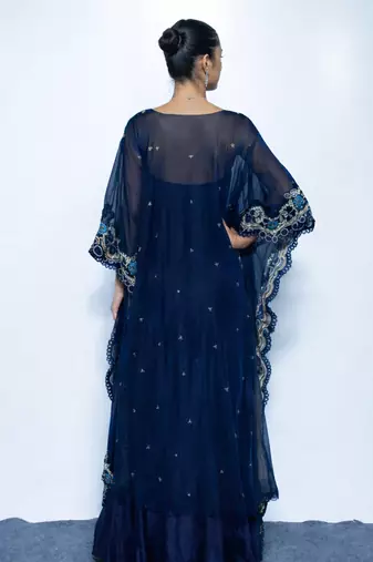 Blue embroidered chanderi kaftan set