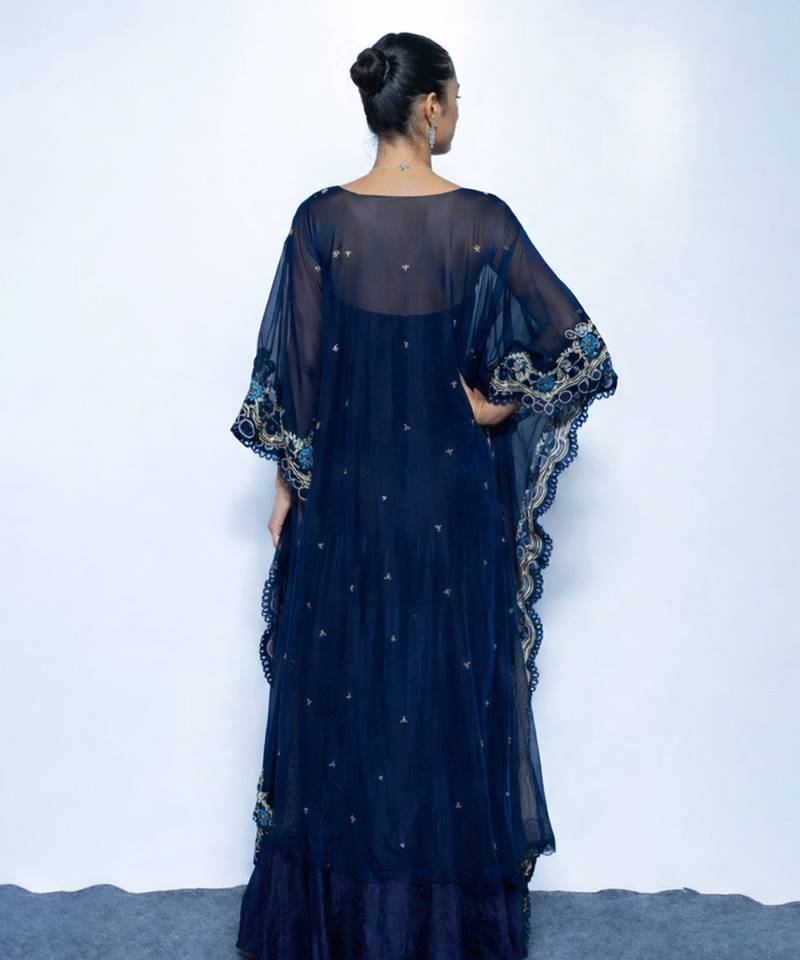 Blue embroidered chanderi kaftan set