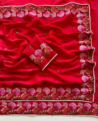 Red Color Embroidered Tussar Silk Saree 2