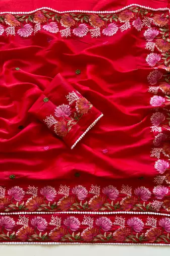 Red Color Embroidered Tussar Silk Saree