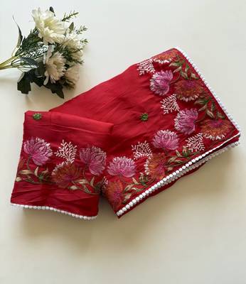 Red Color Embroidered Tussar Silk Saree 3
