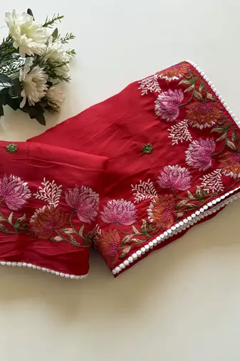 Red Color Embroidered Tussar Silk Saree