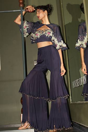 Blue embroidered organza gharara set