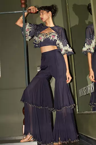 Blue embroidered organza gharara set