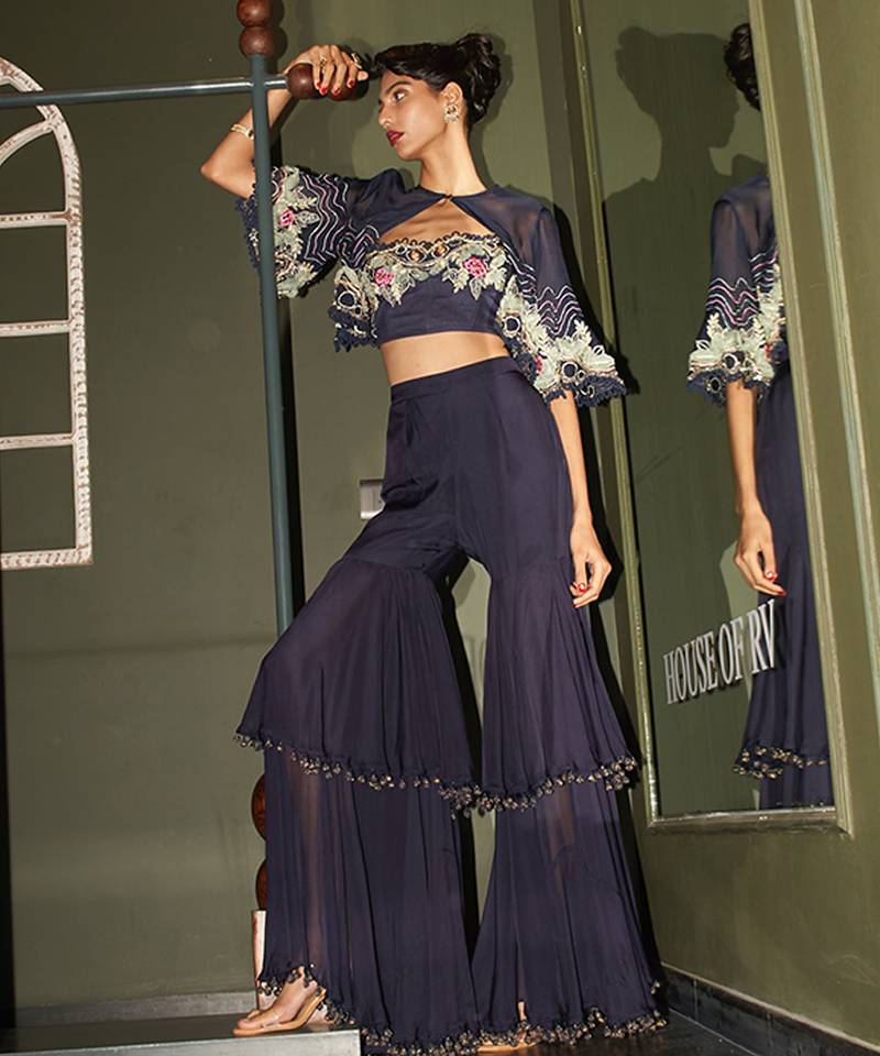 Blue embroidered organza gharara set