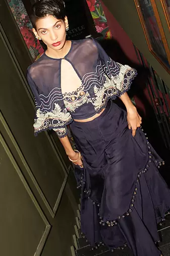 Blue embroidered organza gharara set